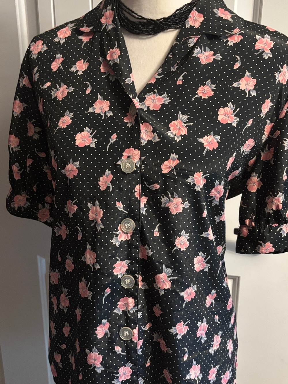Vintage Russ Black Button-Up Blouse with Pink Floral Print